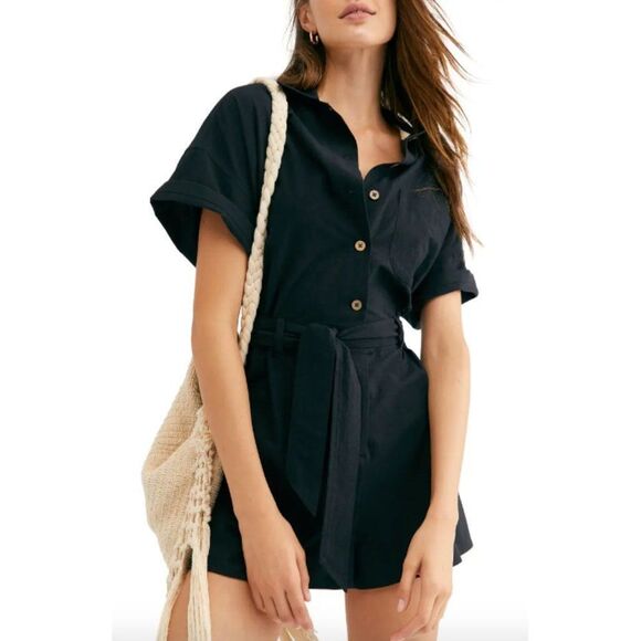 Free People Pants - Free People black cotton No Plans short sleeve tie waist lightweight romper